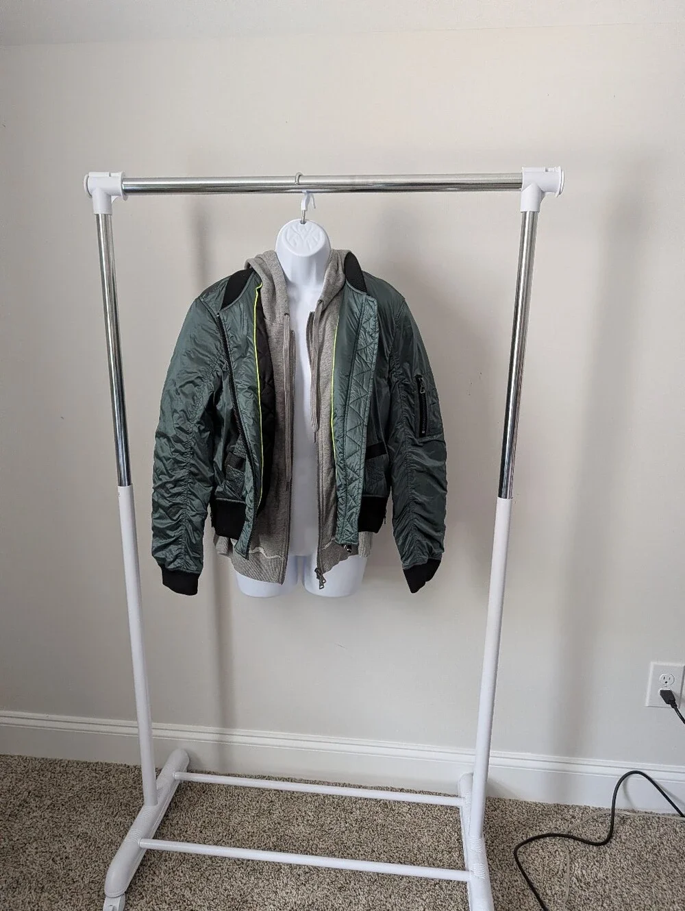 Men's Quilted Bomber Jacket in Deep Green with Grey Hoodie Layer
